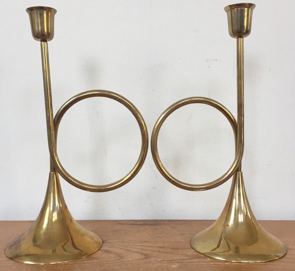 Vtg Solid Brass Trumpet Horns Christmas Holiday Candlestick Candle Holders 9.75"